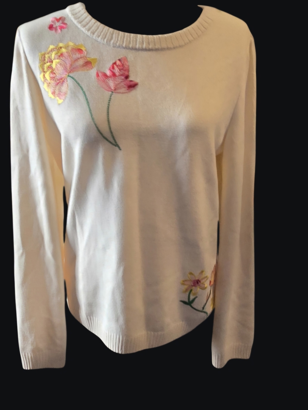St. John Cream Crewneck Sweater with Pink & Yellow Floral Embroidery